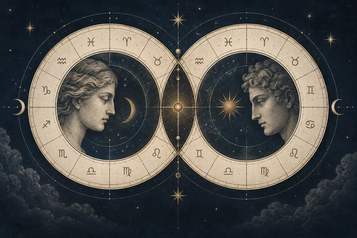Illustrative editorial image of a quiet synastry contact, with engraved zodiac and chart motifs.