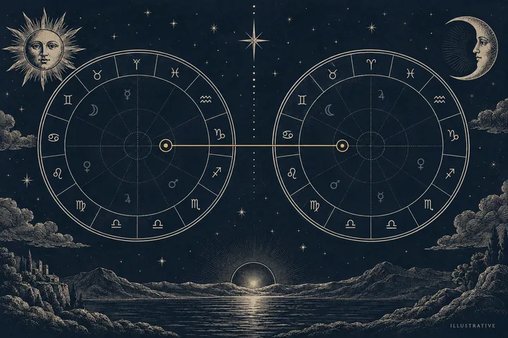 Illustrative editorial image of the planetary and aspect layers used to read a quiet synastry contact.