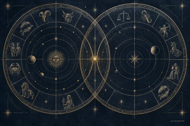Illustrative editorial close-up of repeated synastry themes gathered around a planetary contact.