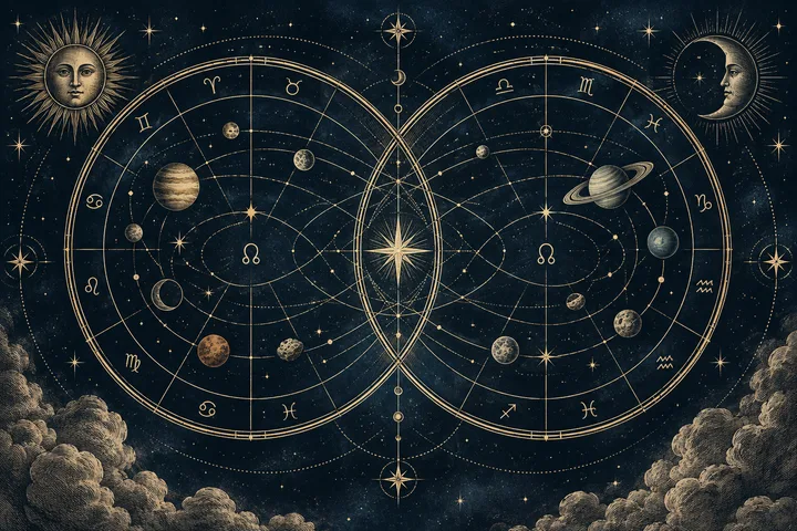 Illustrative midnight-blue hero wheel with two overlapping zodiac rings, brass planet-to-angle links, a marked lunar-node axis, and asteroid glyphs around the rim.