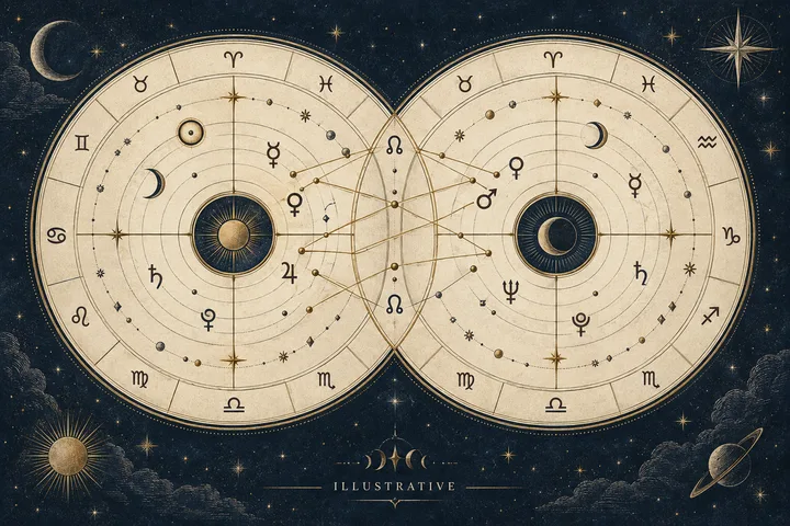 Illustrative close-up of one brass personal-planet aspect crossing an angle line while the lunar-node axis recedes behind it on a midnight-blue chart.
