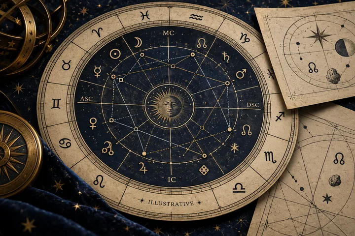 Illustrative ivory chart detail where brass asteroid symbols sit beside the lunar nodes inside a wider web of synastry contacts.