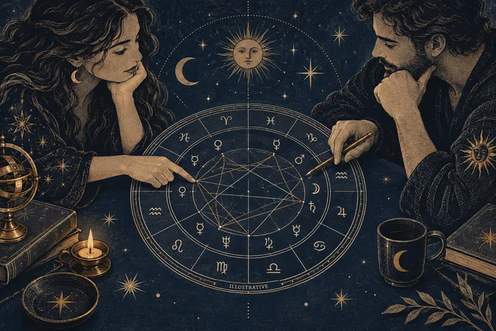 Editorial illustration accompanying: What is a fair way to disagree with a synastry interpretation your partner believes?