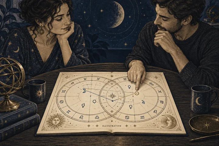 Editorial illustration accompanying: What is a fair way to disagree with a synastry interpretation your partner believes?
