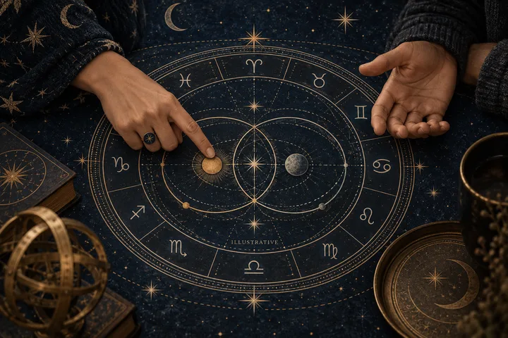 Editorial illustration accompanying: What is a fair way to disagree with a synastry interpretation your partner believes?