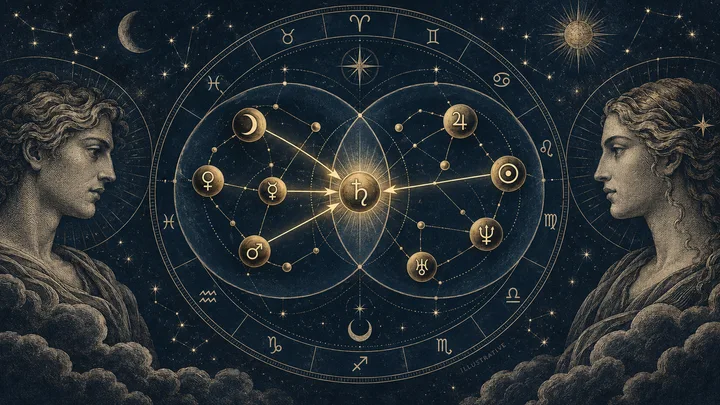 Editorial illustration accompanying: Can a final dispositor help you rank synastry themes when several planets are involved?