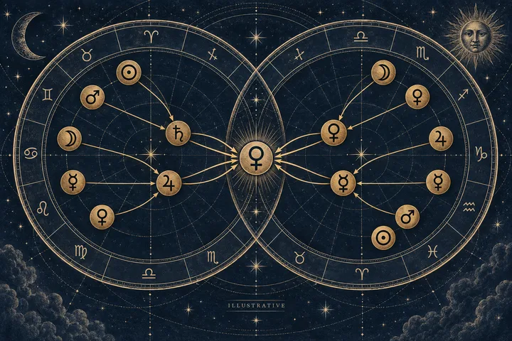Editorial illustration accompanying: Can a final dispositor help you rank synastry themes when several planets are involved?