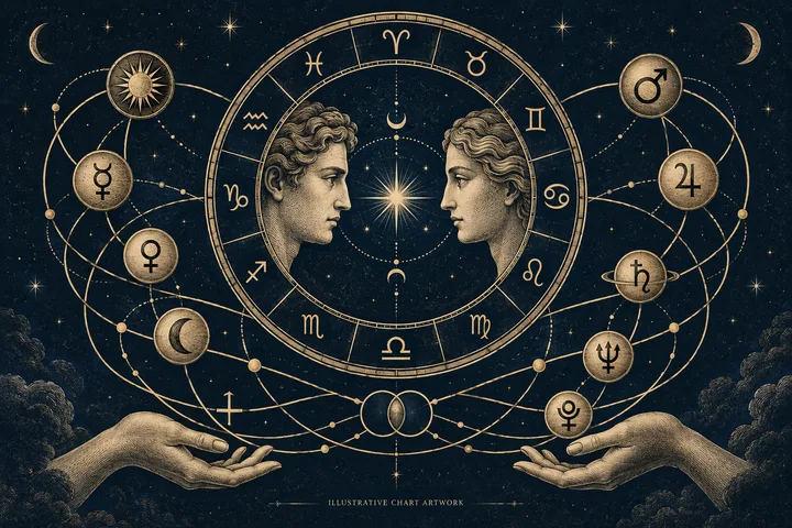 Editorial illustration accompanying: Can a final dispositor help you rank synastry themes when several planets are involved?
