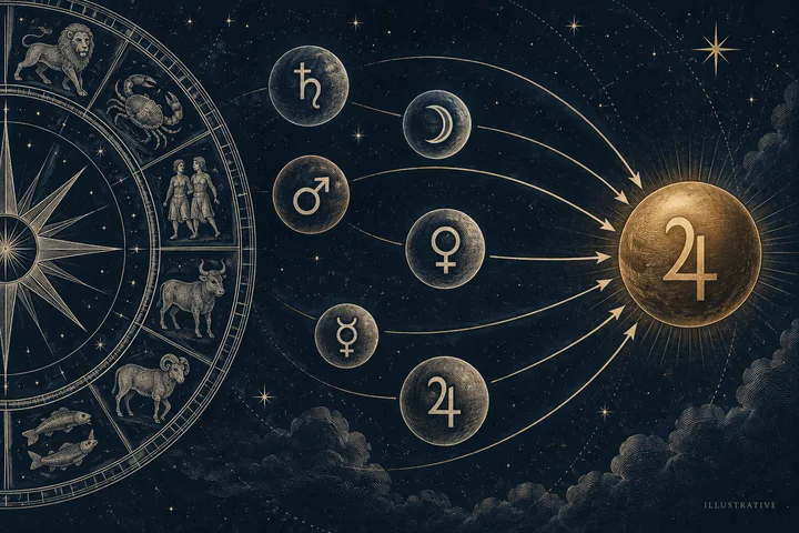 Editorial illustration accompanying: Can a final dispositor help you rank synastry themes when several planets are involved?
