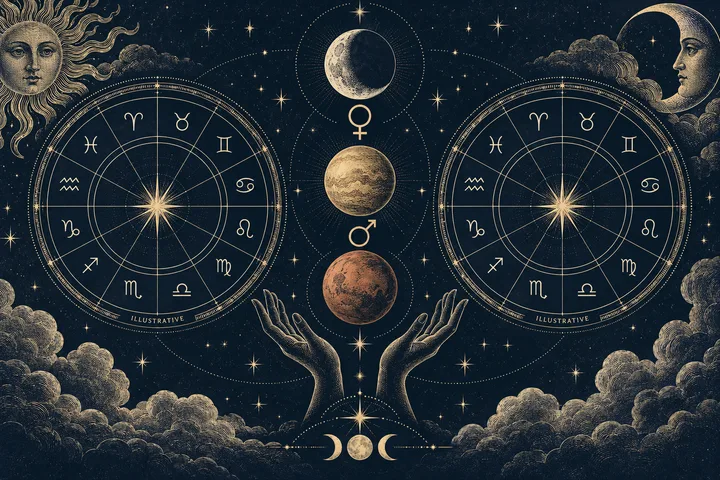 An engraved-style night sky illustration with two circular zodiac diagrams, a crescent moon, two planets marked with Venus and Mars symbols, and raised hands amid stars and clouds. The diagrams are labeled "ILLUSTRATIVE."