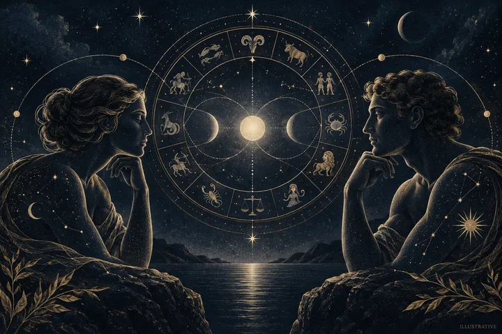 Editorial illustration accompanying: What is a useful first synastry question for a couple who keeps misreading silence?
