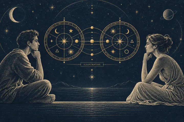 Editorial illustration accompanying: What is a useful first synastry question for a couple who keeps misreading silence?