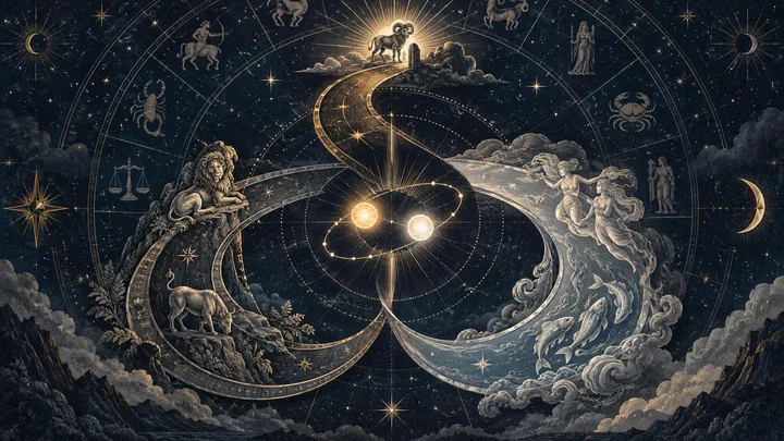 Illustrative engraved zodiac scene with three brass and ivory pathways representing cardinal initiation, fixed continuity, and mutable adaptation converging around two luminous relationship points.