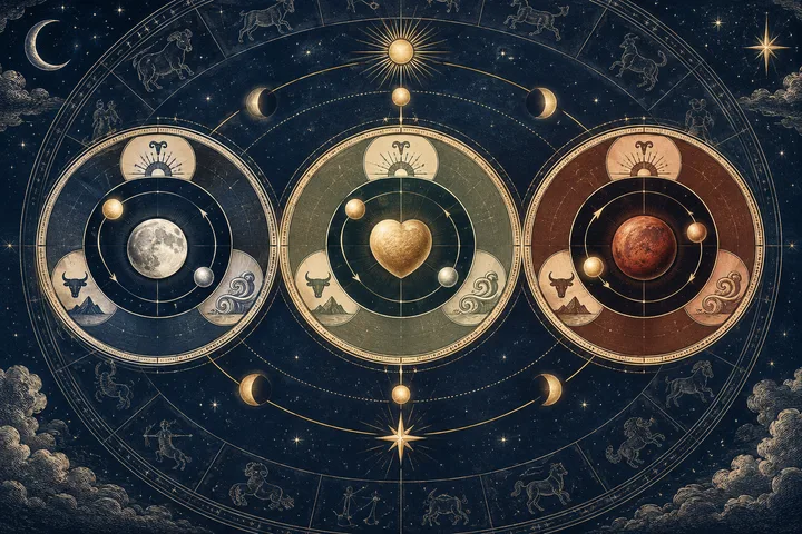 Illustrative engraved astrology composition with three connected orbital dials symbolizing Moon comfort, Venus affection, and Mars pursuit across changing relationship rhythms.