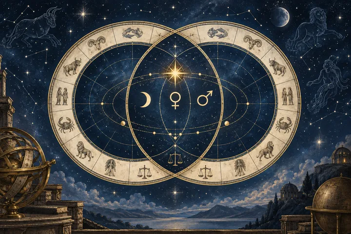 Illustrative overlapping synastry wheels in a midnight-blue engraved sky, with Moon, Venus, Mars, and a bright fixed star sharing the central orbit.