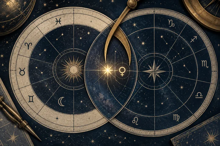 Close-up illustrative synastry rings showing a bright fixed star in precise conjunction with a Venus glyph, framed by an ivory zodiac wheel and brass measuring arc.