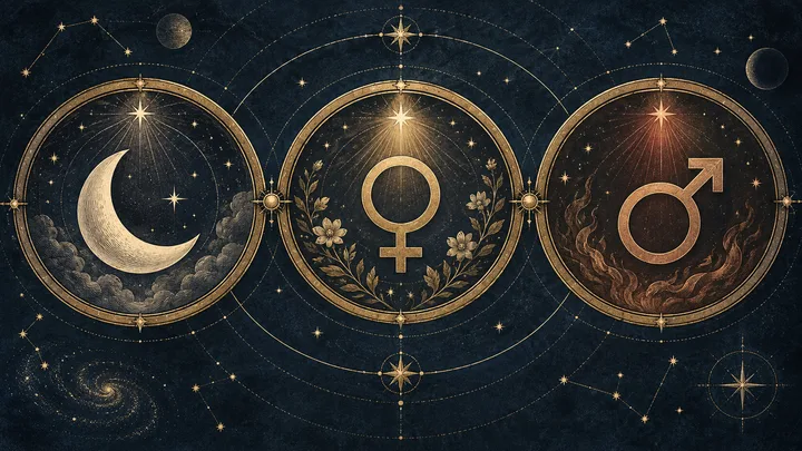Three engraved brass medallions show the Moon, Venus, and Mars receiving different star halos against a midnight-blue celestial background.