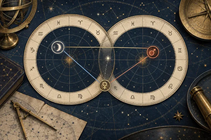 Two illustrative synastry wheels connect Moon, Venus, and Mars with clear aspect lines while a smaller fixed star sits as a secondary overlay.