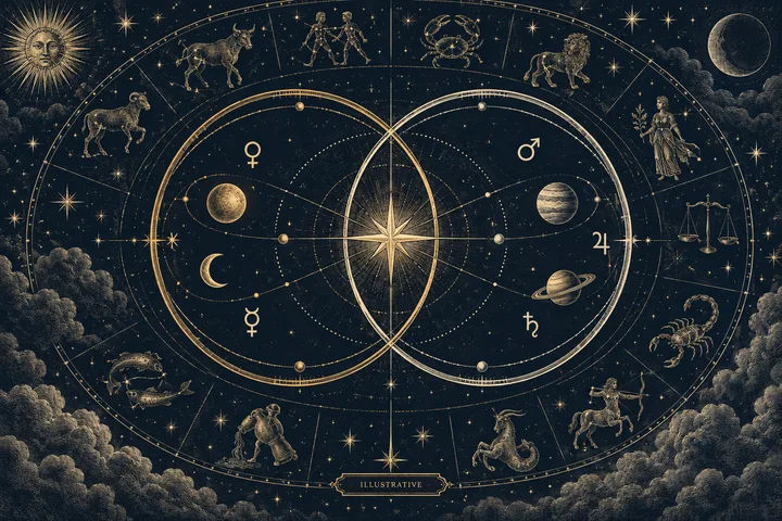 Two overlapping circular star charts with planetary symbols and a central compass-like star, surrounded by zodiac figures on a dark, starry background.