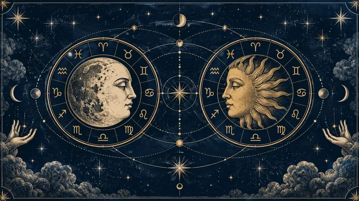 Engraved sun and moon faces look toward each other inside zodiac circles, surrounded by stars and fine connecting lines.