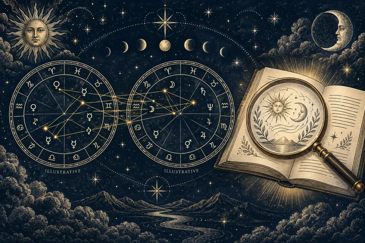 Two illustrative astrology charts sit beside an open book and a magnifying glass showing a sun and crescent moon.