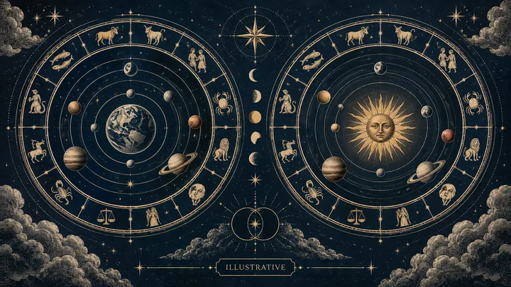 Engraved-style illustration of two circular zodiac diagrams on a starry dark-blue background, with Earth at the center of the left diagram and a sun face at the center of the right; planets, zodiac symbols, stars, and clouds surround them.