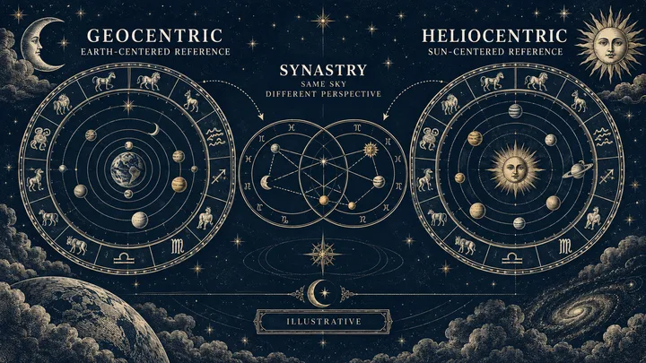 Illustrated comparison labeled “GEOCENTRIC” and “HELIOCENTRIC,” with Earth-centered and Sun-centered zodiac diagrams on either side of a central overlapping diagram labeled “SYNASTRY”; stars, a crescent moon, and a sun face appear around the diagrams.