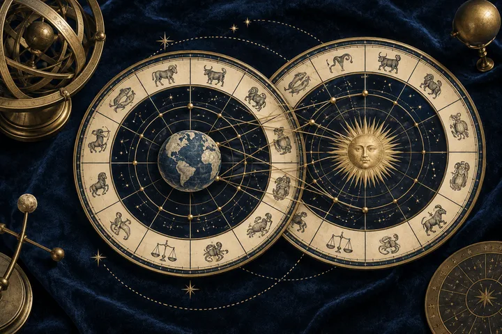 Two overlapping cream-colored zodiac wheels on dark-blue fabric, with a globe in the left wheel, a sun face in the right wheel, and thin connecting lines between them; brass astronomical instruments frame the scene.
