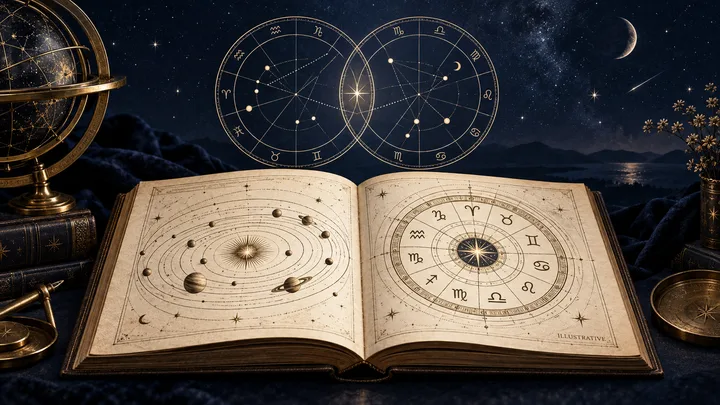 Illustrative midnight-blue astrology scene with two zodiac wheels above an open planetary chart