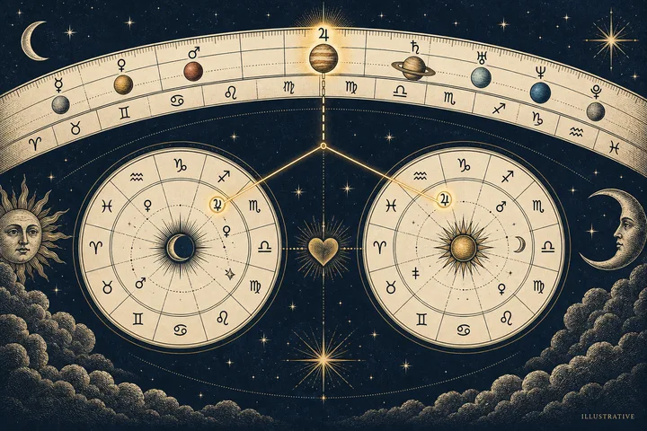 Illustrative astrological diagram with planetary symbols above two overlapping zodiac wheels