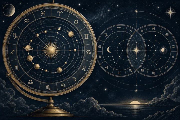 Illustrative zodiac wheel beside planetary diagrams and two overlapping relationship charts
