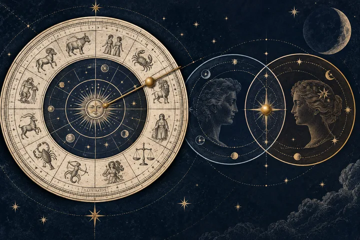 Illustrative zodiac wheel beside two overlapping relationship charts with planetary symbols