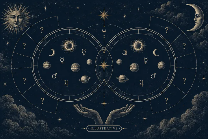 Illustrative midnight-blue zodiac wheel with two brass planetary paths meeting across an unfilled house grid, representing a synastry report with known placements and missing house data.