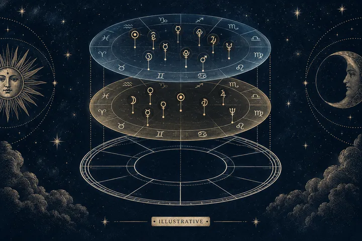 Illustrative engraved diagram separating two synastry layers: planetary sign symbols on one side and a blank house frame with no Ascendant or cusps on the other.