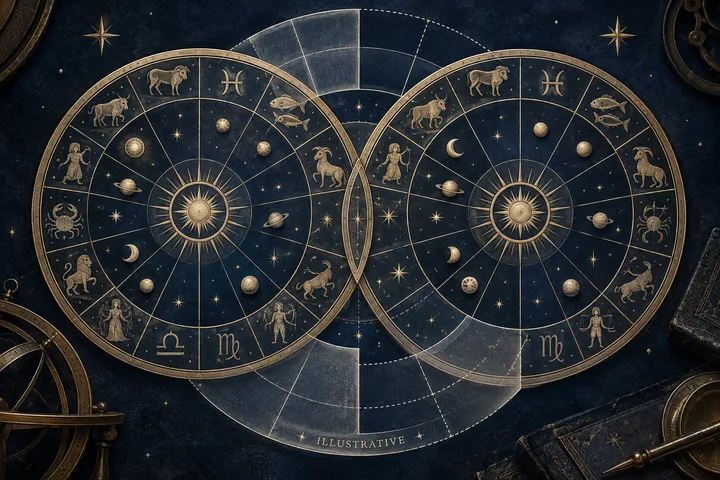 Illustrative close-up of brass Moon, Venus, and Mars symbols linked by fine lines over an ivory zodiac band, showing the placements layer before house overlays.