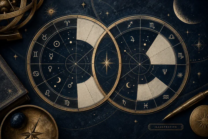 Illustrative pair of overlapping zodiac chart wheels with brass writing tools, showing two chart frames held together for a later synastry comparison.