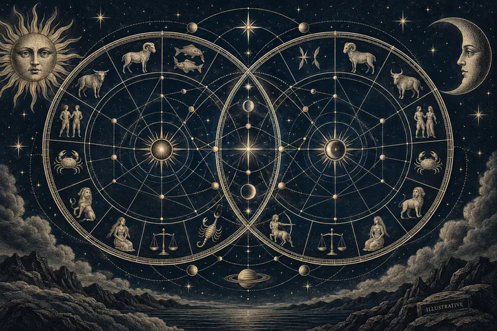 Two overlapping circular zodiac charts with celestial symbols, a sun and moon, above a dark mountain and water landscape; marked “Illustrative.”