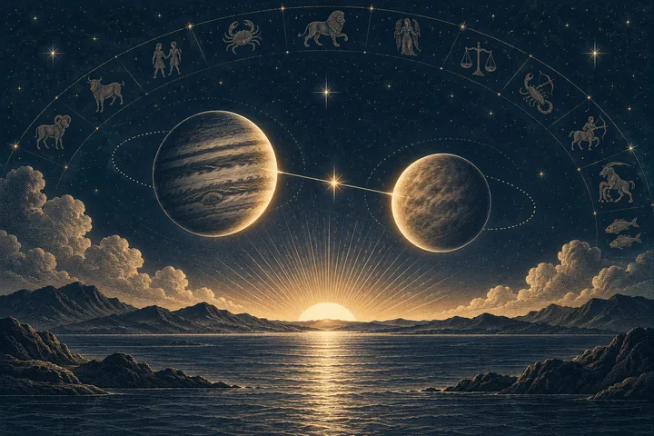 Two large planets appear above a sunrise over a dark sea, framed by a curved band of small zodiac figures and stars.