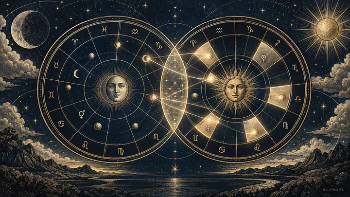 Two overlapping circular zodiac charts with sun and moon faces, planet symbols, a crescent moon, and a sun against a starry landscape.