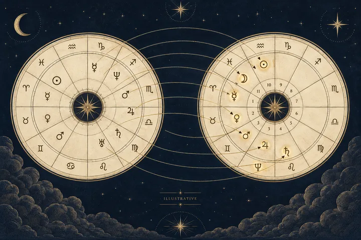 Two cream-colored zodiac wheels connected by dotted lines, with planet symbols and arrows pointing into numbered house sections.