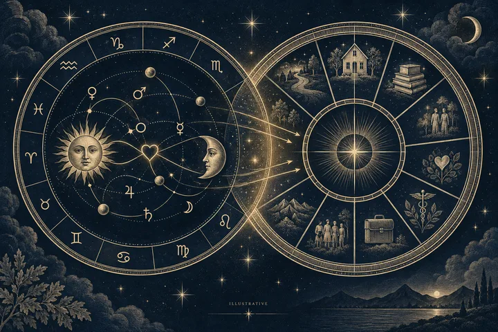 A zodiac wheel with sun and moon faces and planet symbols points toward a second wheel divided into house scenes, including a house, books, people, plants, and a briefcase.