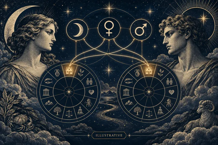 Illustrative midnight-blue synastry wheel with Moon, Venus, and Mars symbols arranged across softly marked house sectors, framed by brass zodiac engravings.