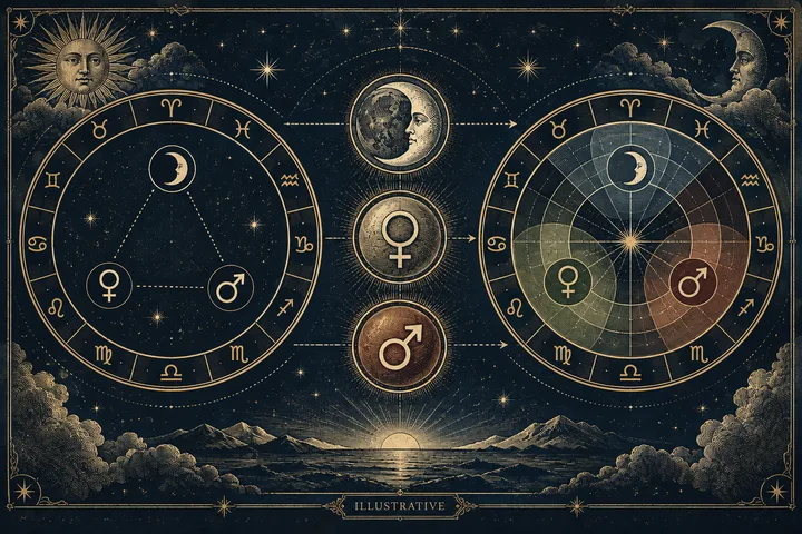 Illustrative comparison diagram of planetary symbols crossing into contrasting house sectors on a dark synastry wheel.