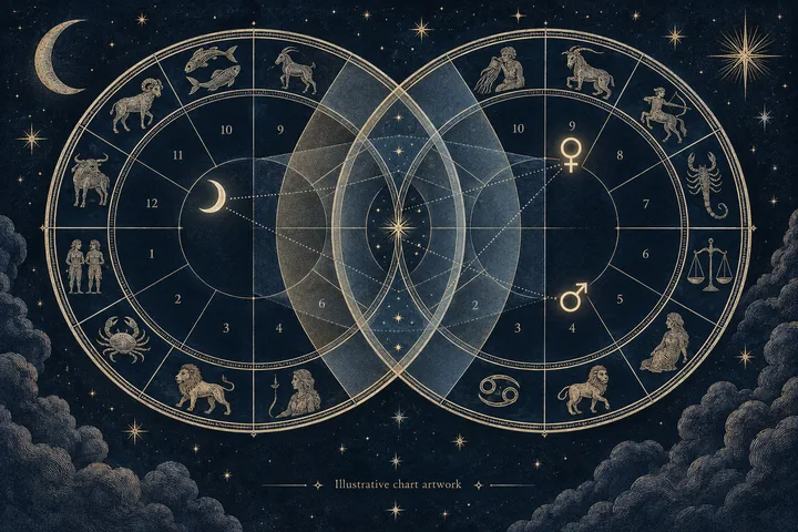 Illustrative close-up of brass Moon, Venus, and Mars glyphs crossing a house cusp on a dark zodiac chart, with the boundary kept visibly in focus.