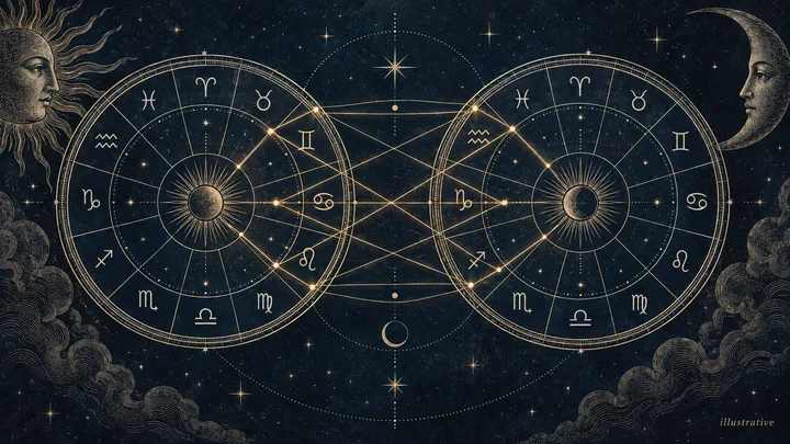Illustrative midnight-blue synastry diagram with two engraved natal chart wheels linked by brass aspect lines.