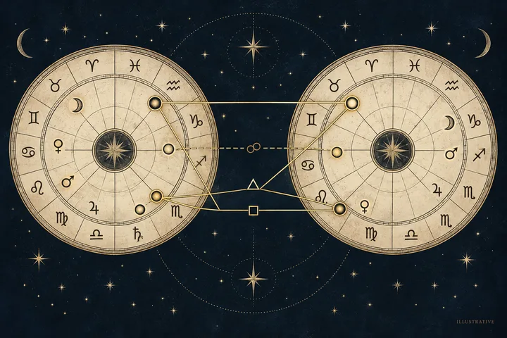Illustrative close view of two engraved chart wheels with brass lines tracing a repeated cross-chart aspect pattern.
