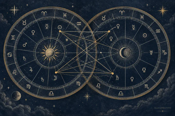Illustrative dual zodiac wheels showing connecting aspect lines gathered around a focal relationship pattern.