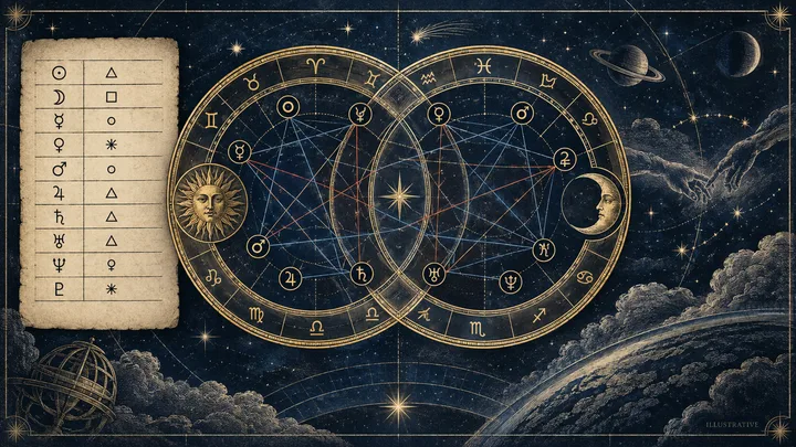 Dark blue, starry illustration with two overlapping circular astrology charts, connecting lines, a symbol table on parchment, and sun and moon faces.