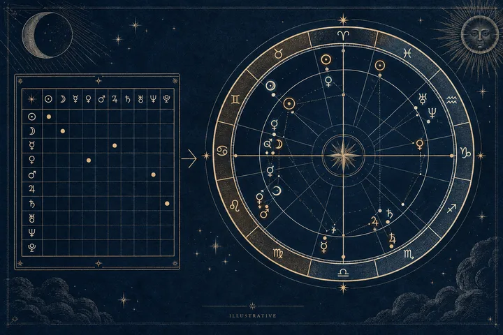 A grid of astrology symbols on the left points with an arrow to a detailed circular chart on the right, against a starry blue background.