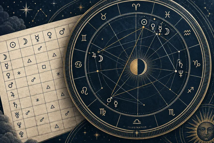 Close-up circular astrology chart with symbols and connecting lines overlaps a parchment grid, with stars and sun and moon motifs around it.